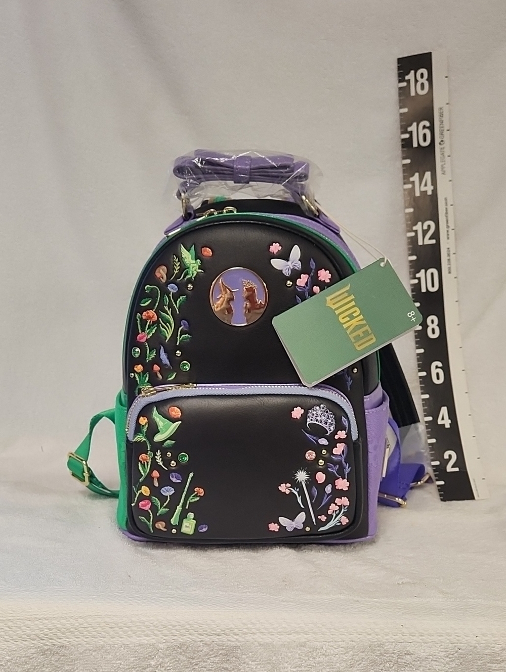 Wicked Embroidered Mini Backpack in Black with Purple & Green